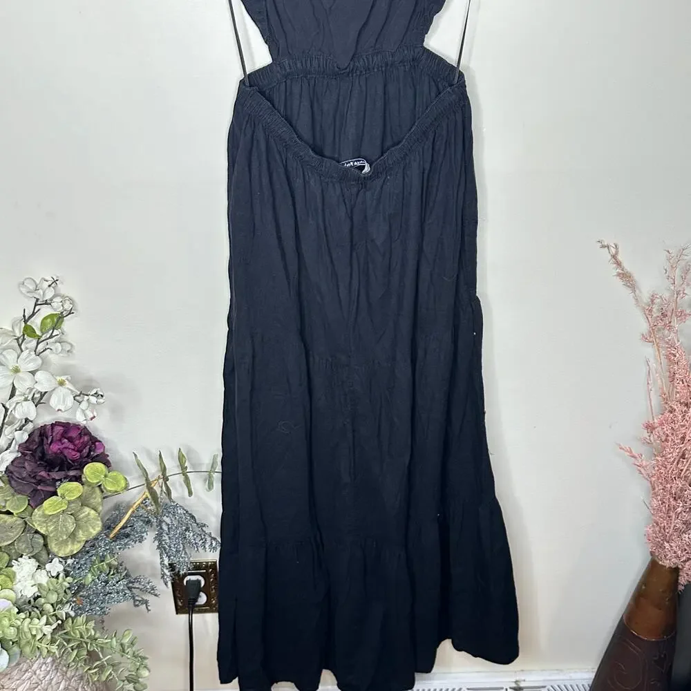 ABERCROMBIE & FITCH Linen Blend Cut Open Black Maxi Vacation Dress Sz M {3N16}